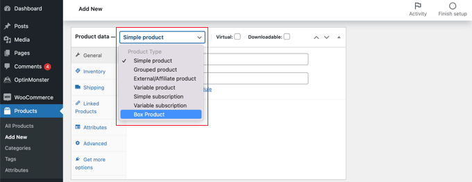 เลือก 'ผลิตภัณฑ์กล่อง' จากดรอปดาวน์ข้อมูลผลิตภัณฑ์ Select 'Box Product' from the Product Data Drop Down