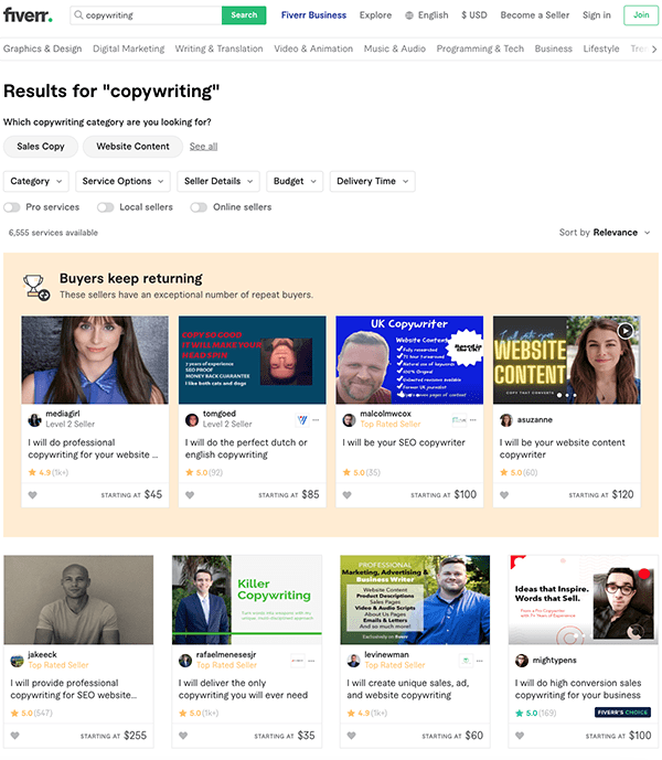 Fiverr 카피라이터 목록
