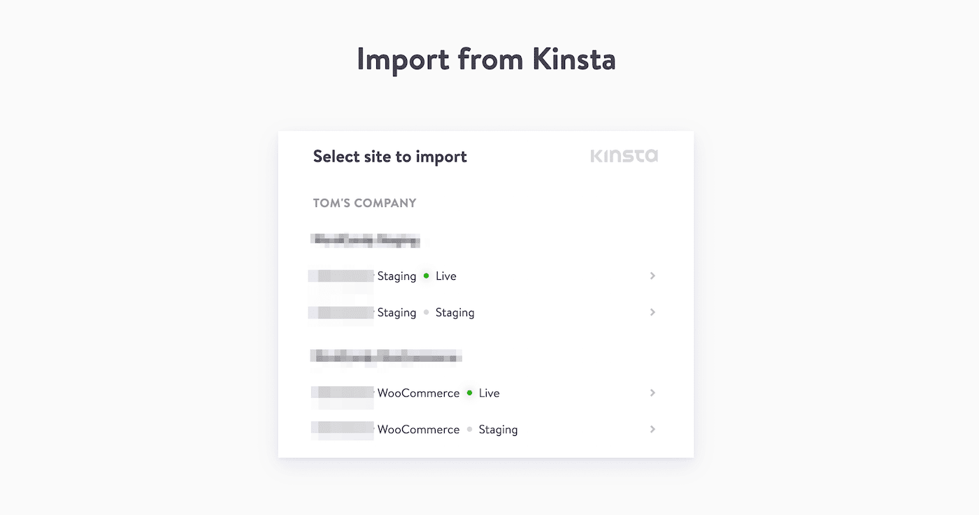 Wählen Sie die zu importierende Live- oder Staging-Site aus Ihrer Liste aus