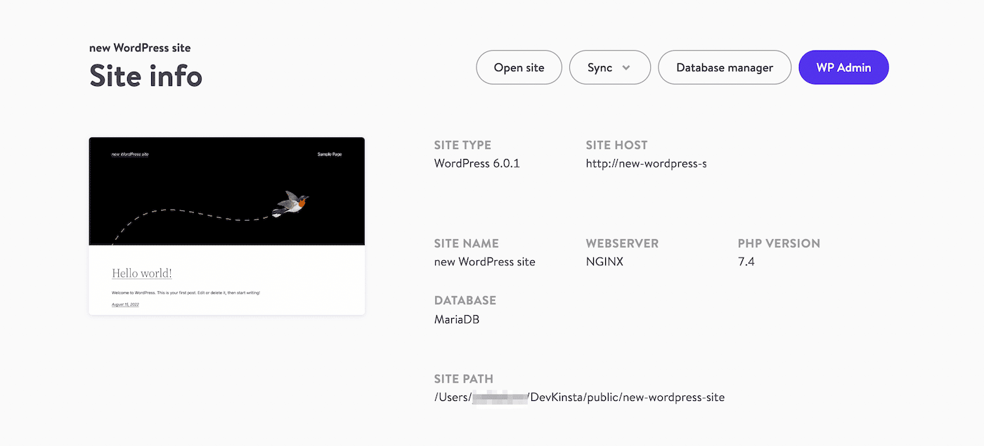 Finde die Schaltfläche WP Admin und klicke in DevKinsta darauf