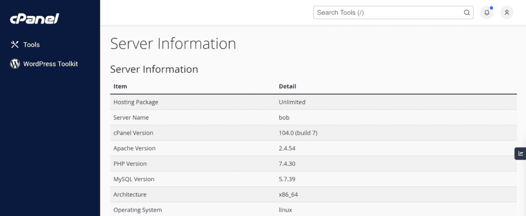 cPanel-Serverinformationen