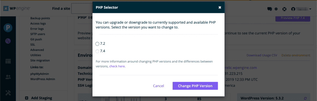 Ändern Sie die PHP-Version in WP Engine