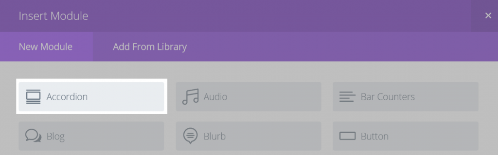 アコーディオンボタンが強調表示されたモジュールの挿入画面