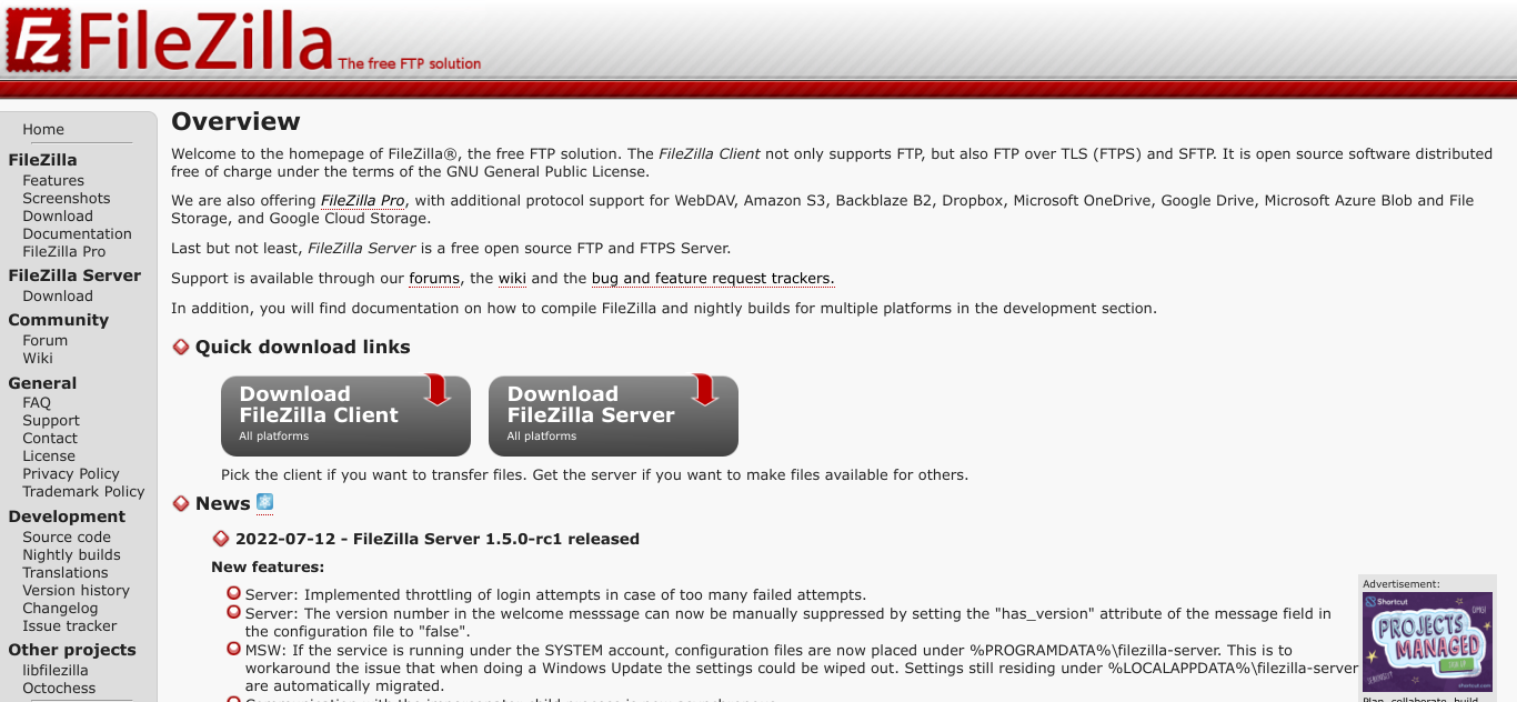 หน้าดาวน์โหลด FileZilla