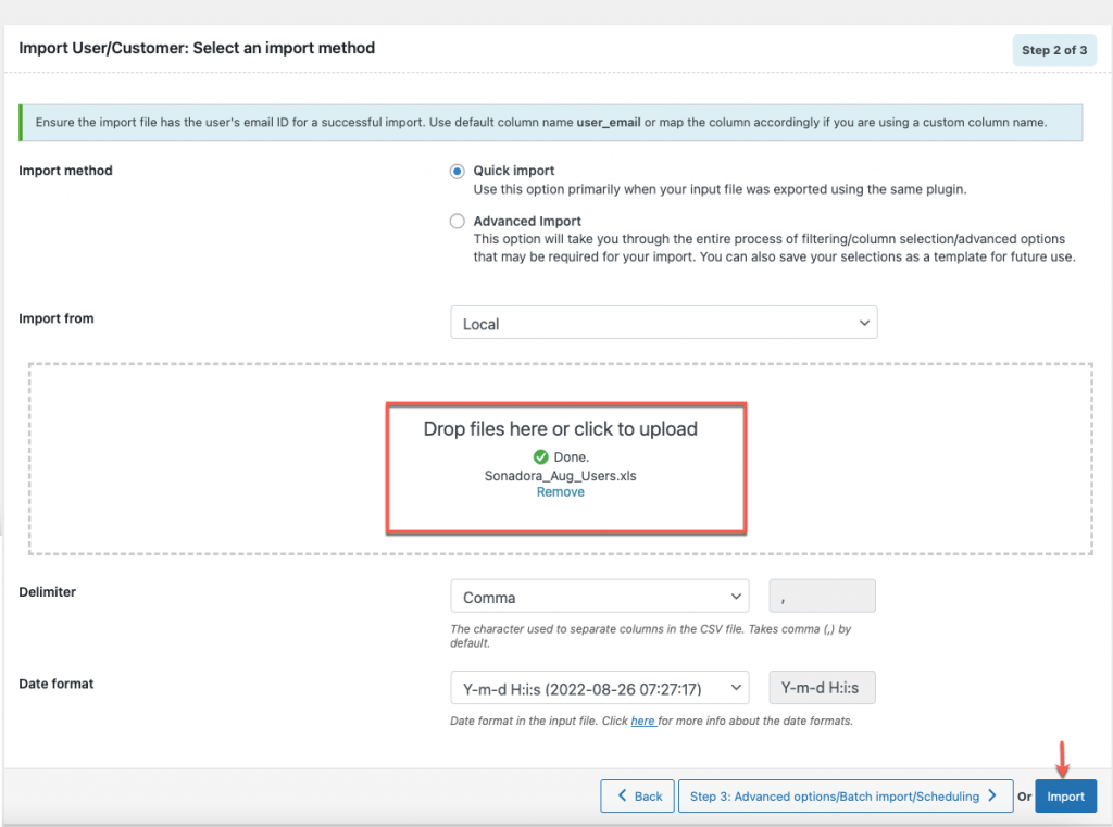 Importa il file degli utenti utilizzando il metodo di importazione rapida