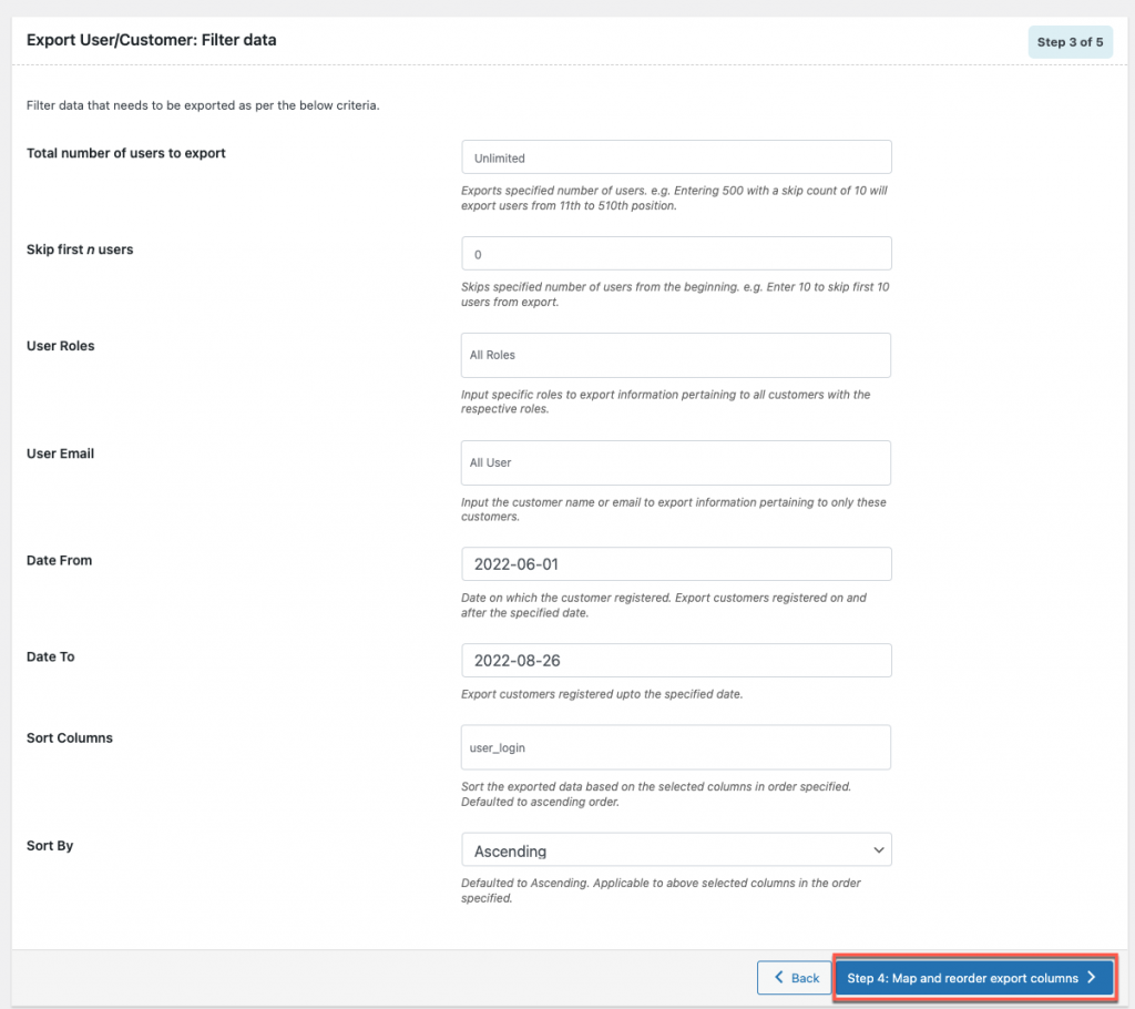 Opzione filtro dati utente per filtrare gli utenti da esportare in WordPress