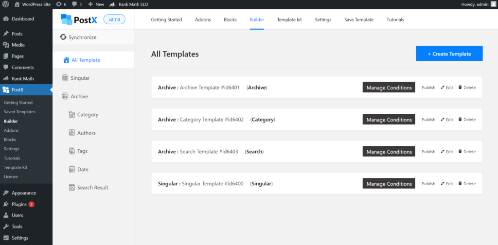 Construtor de sites dinâmicos PostX: crie seu site com apenas alguns cliques 7 Manage All Templates
