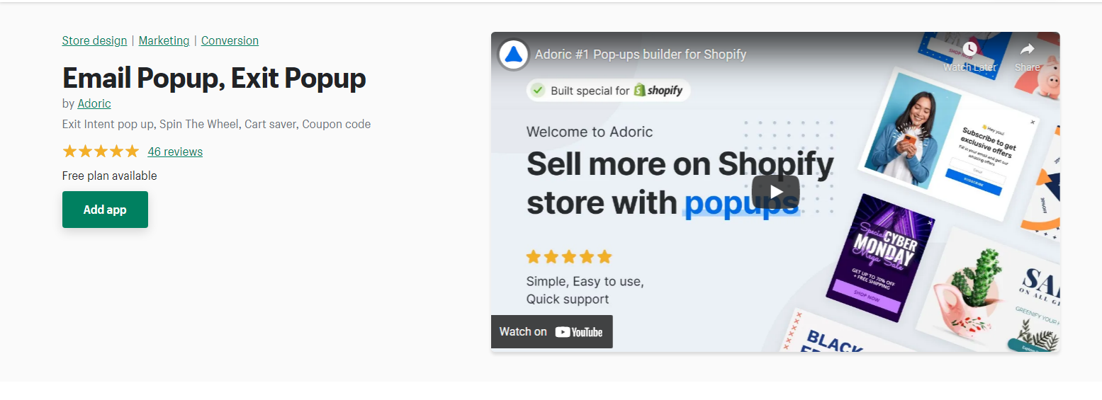 Adoric - ป๊อปอัปอีเมล shopify