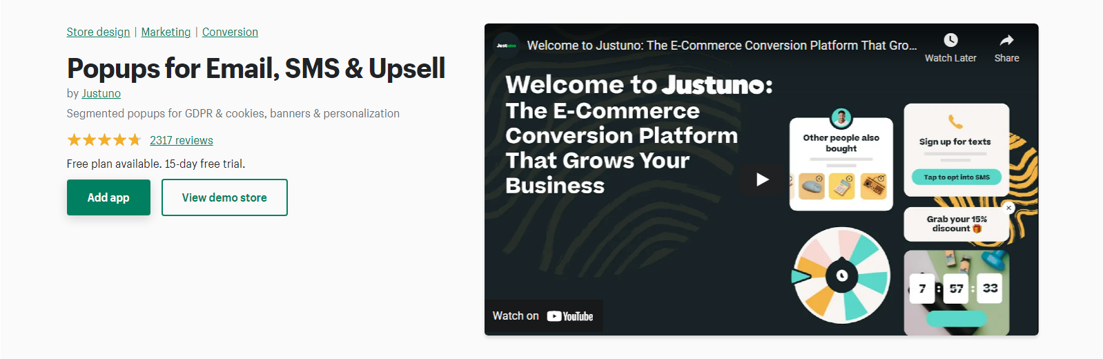 Justuno - ป๊อปอัปอีเมล shopify