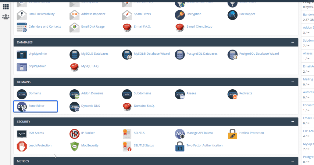 cPanel 仪表板中的区域编辑器
