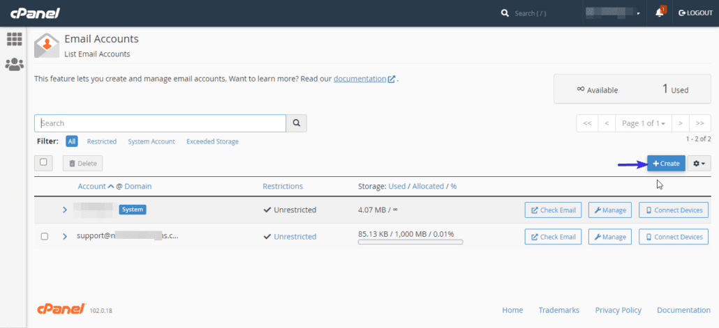 在 cPanel 电子邮件帐户上创建新帐户