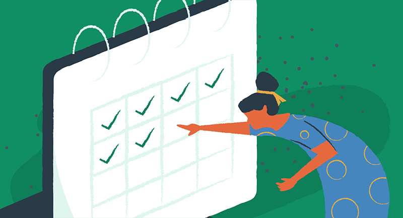 O persoană indică întâlnirile pe un calendar