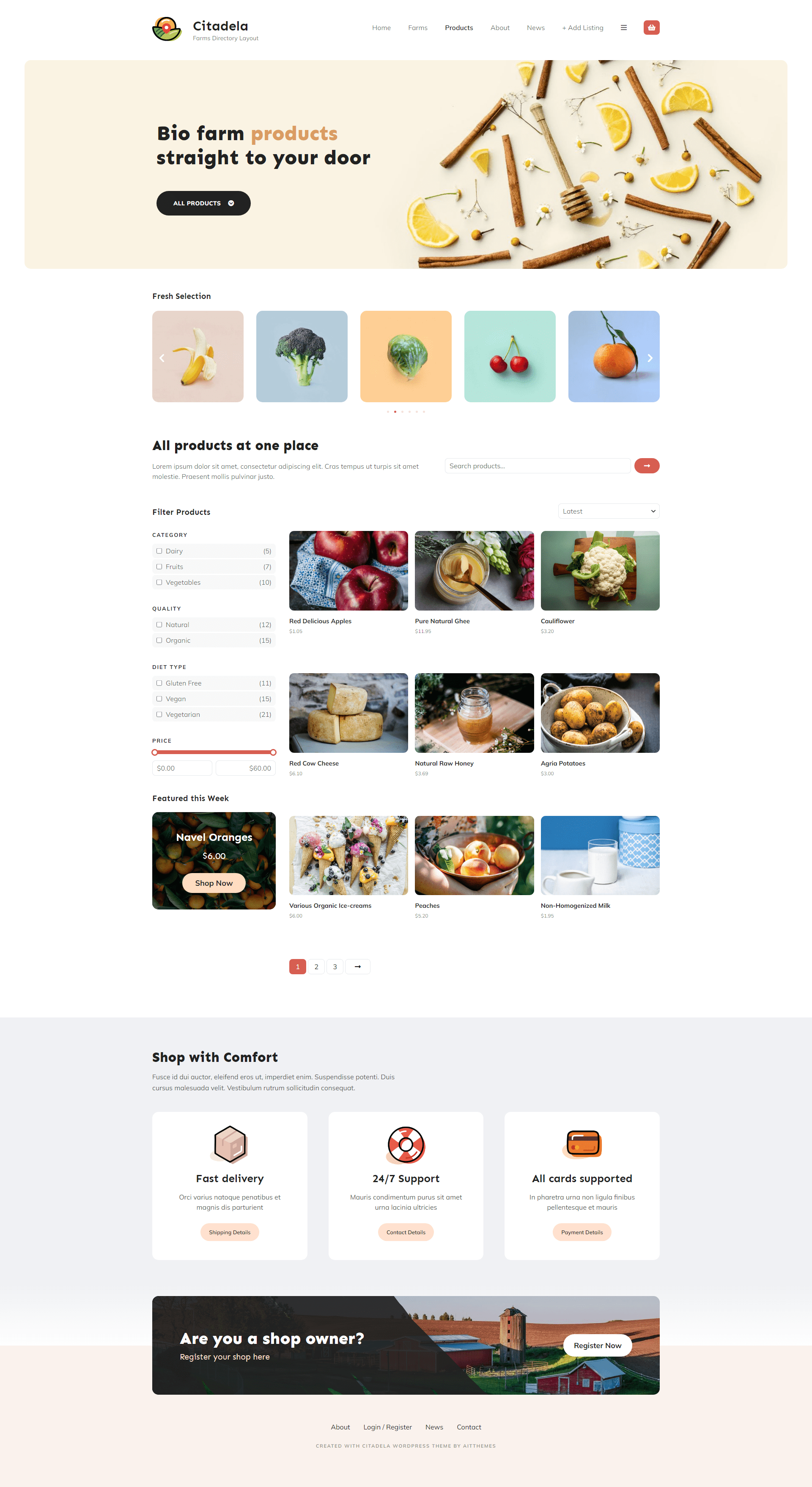 Rechercher des produits agricoles à l'aide du thème WordPress Citadela Farms
