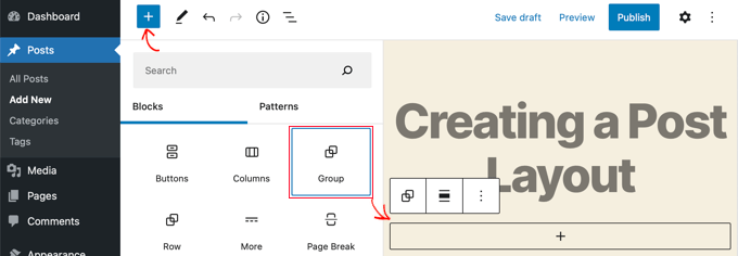 Adicionar bloco de grupo Add Group Block
