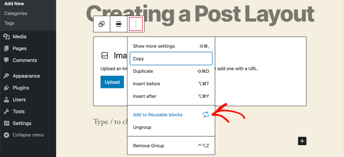 Adicionar bloco reutilizável Add Reusable Block