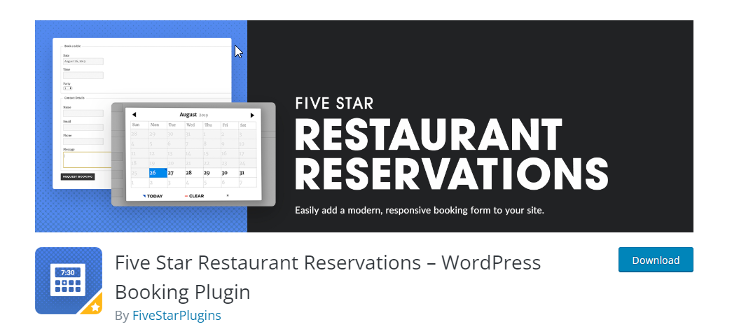 Five Star Restaurant Reservations - melhores plugins wordpress para restaurantes