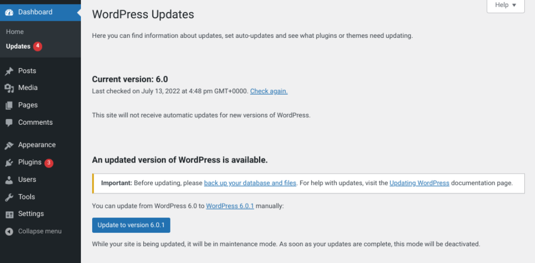 กำลังตรวจสอบการอัปเดตที่มีอยู่ใน WordPress
