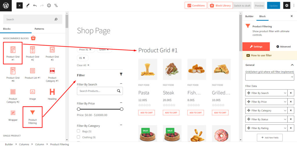WooCommerce-Produktfilter nach Attributen, Kategorie, Preis und vielem mehr 5 Adding Product Filter and Product Grid Blocks