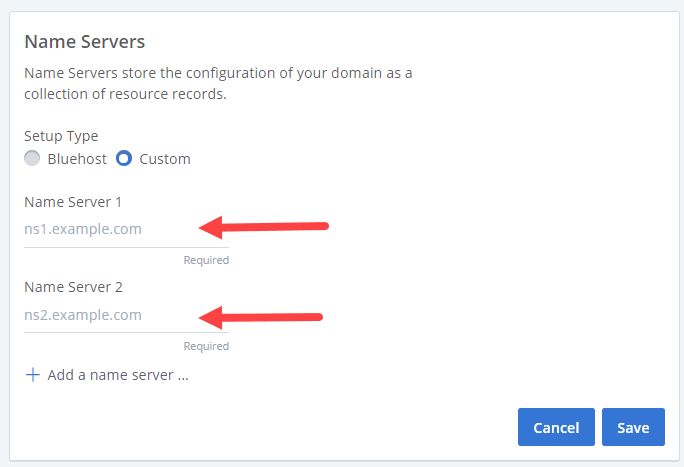 Impostazioni del server dei nomi Bluehost