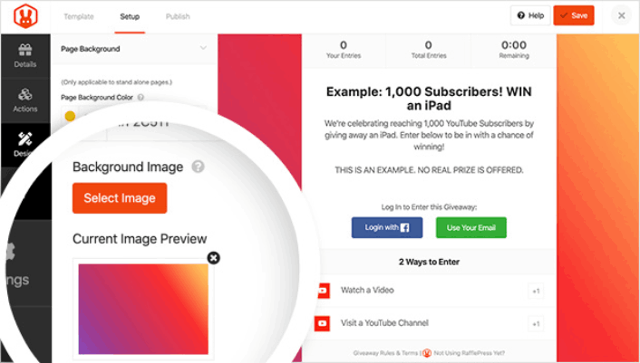 Pagina di destinazione del giveaway di YouTube