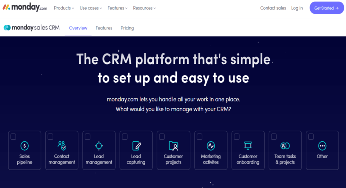 Monday.com CRM 소프트웨어 홈페이지