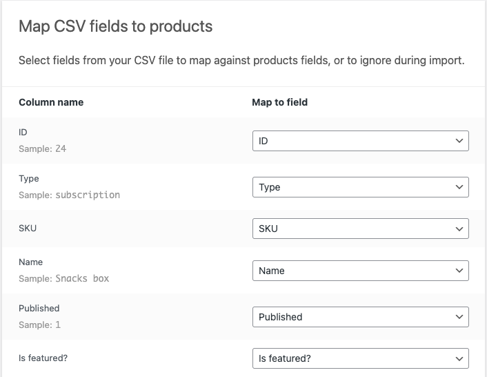 mapear campos de assinatura csv para produtos