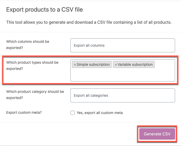 exportar produtos de assinatura para um arquivo csv