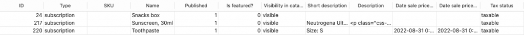 arquivo csv de amostra com produtos de assinatura do woocommerce
