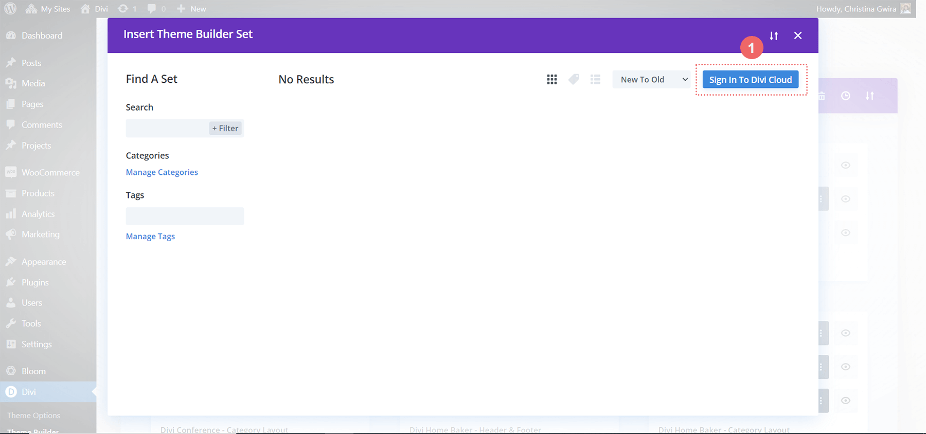 Faça login no Divi Cloud através do botão azul