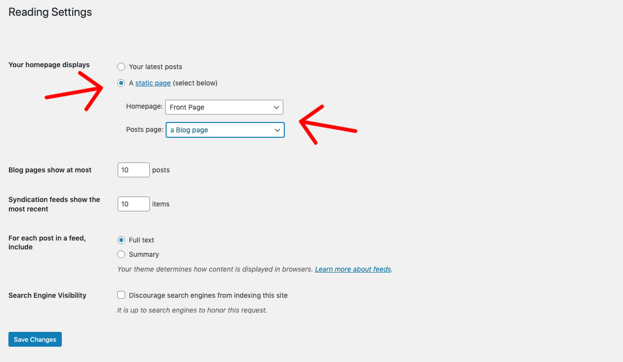 setarea de citire a pasului 4 pentru a construi un site web wordpress