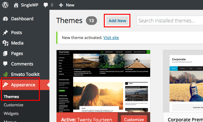 pasul 5 adăugați o nouă temă pentru a construi un site web wordpress