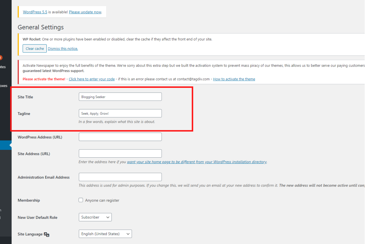 pasul 4 schimbați titlul site-ului pentru a construi un site web wordpress