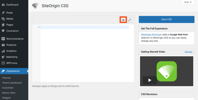 As configurações do plugin CSS SiteOrigin