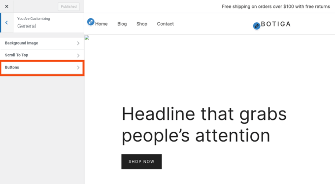 A opção de configurações gerais no WordPress Customizer