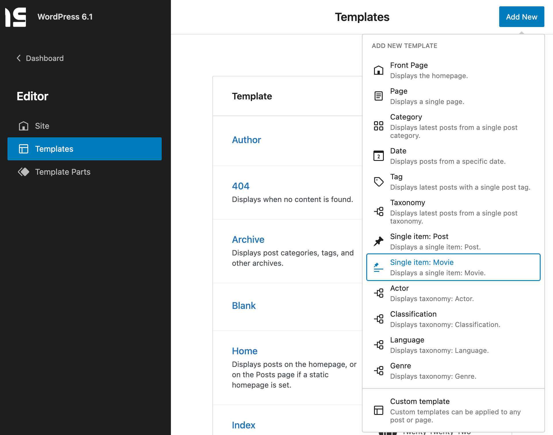 顯示 WordPress 6.1 中可用模板類型列表的圖像