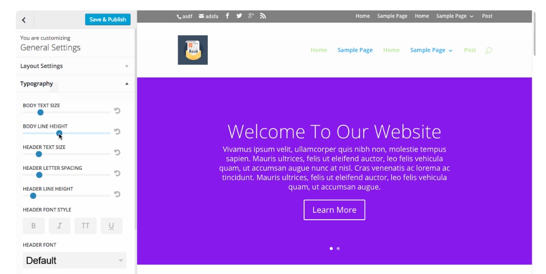 Configurações do personalizador de tema Divi WordPress