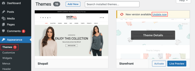 Aktualisieren von Designs auf der Seite Aussehen » Designs Updating Themes From the Appearance » Themes Page