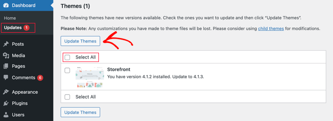 Aktualisieren von Themes über das Dashboard » Seite „Updates“. Updating Themes From the Dashboard » Updates Page
