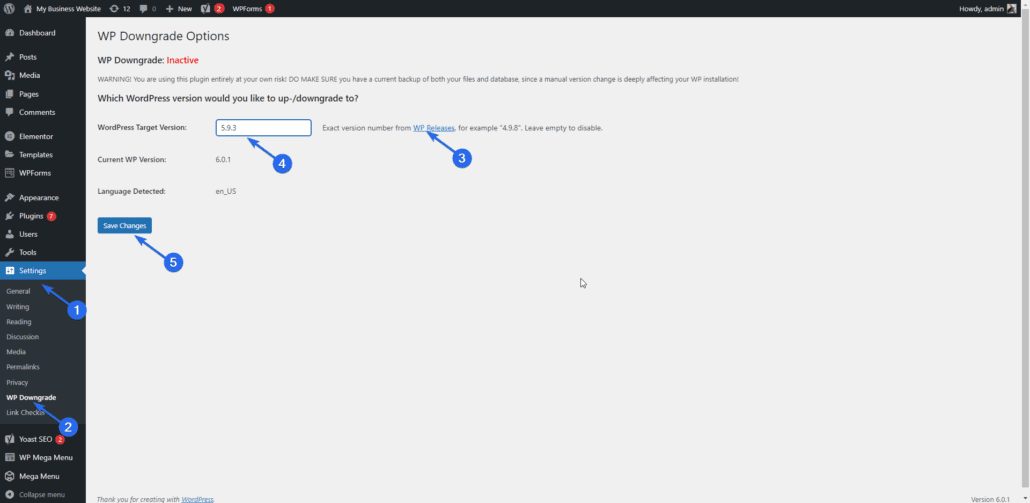 Impostazioni di downgrade del WP