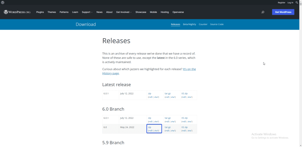 Pagina di archivio delle versioni di WordPress