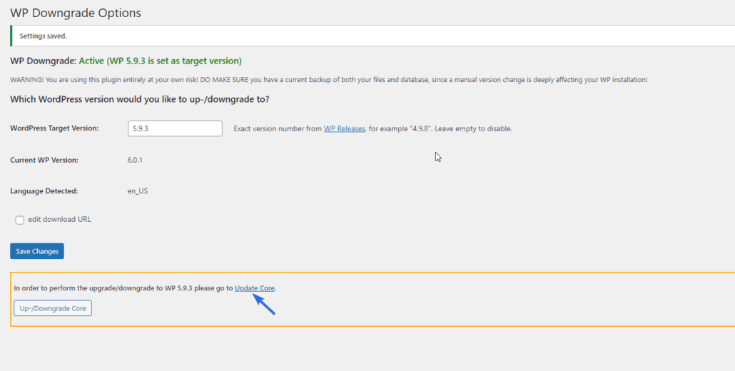 Aggiorna Core per eseguire il downgrade di wordpress