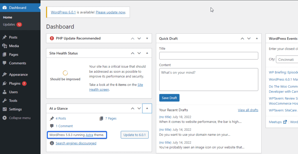 Dashboard di amministrazione di WordPress