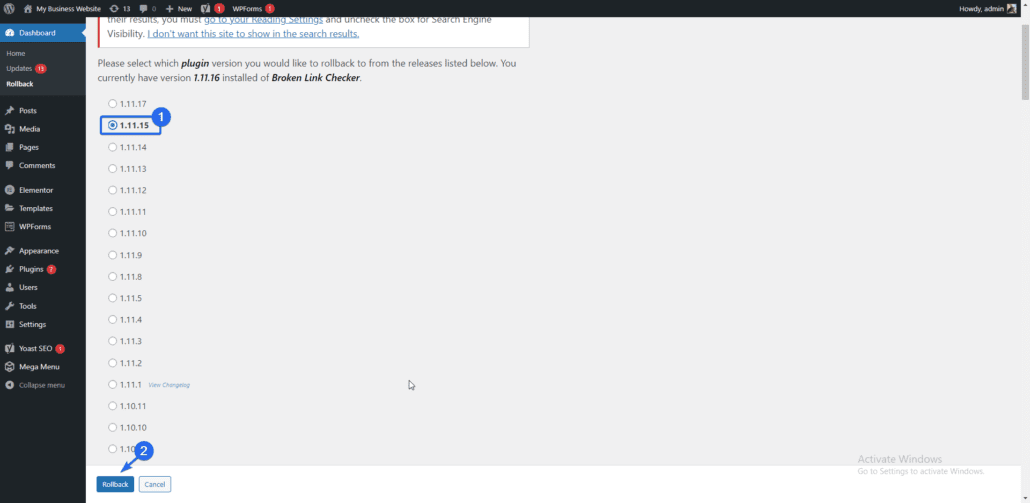 Scegli la versione di wordpress a cui eseguire il downgrade