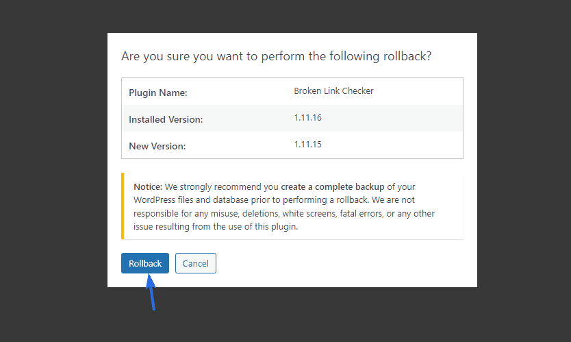Pop-up di notifica di rollback