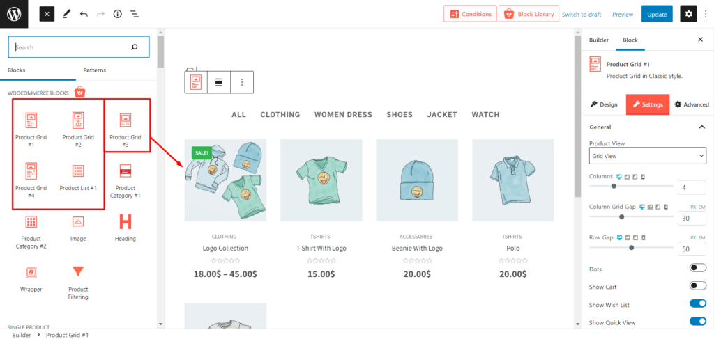 Como habilitar a visualização rápida do WooCommerce na página 5 da loja Adding Blocks for Quick View