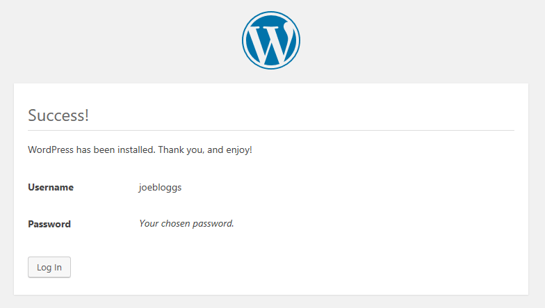 安裝後的 WordPress 成功屏幕