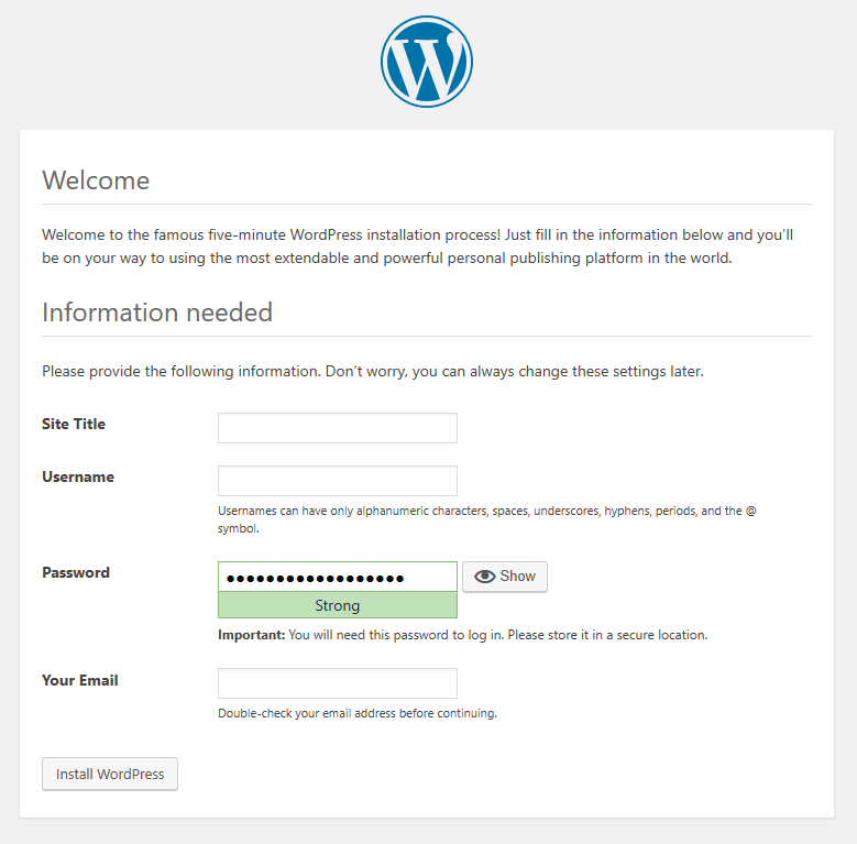 WordPress 5 分鐘安裝程序屏幕