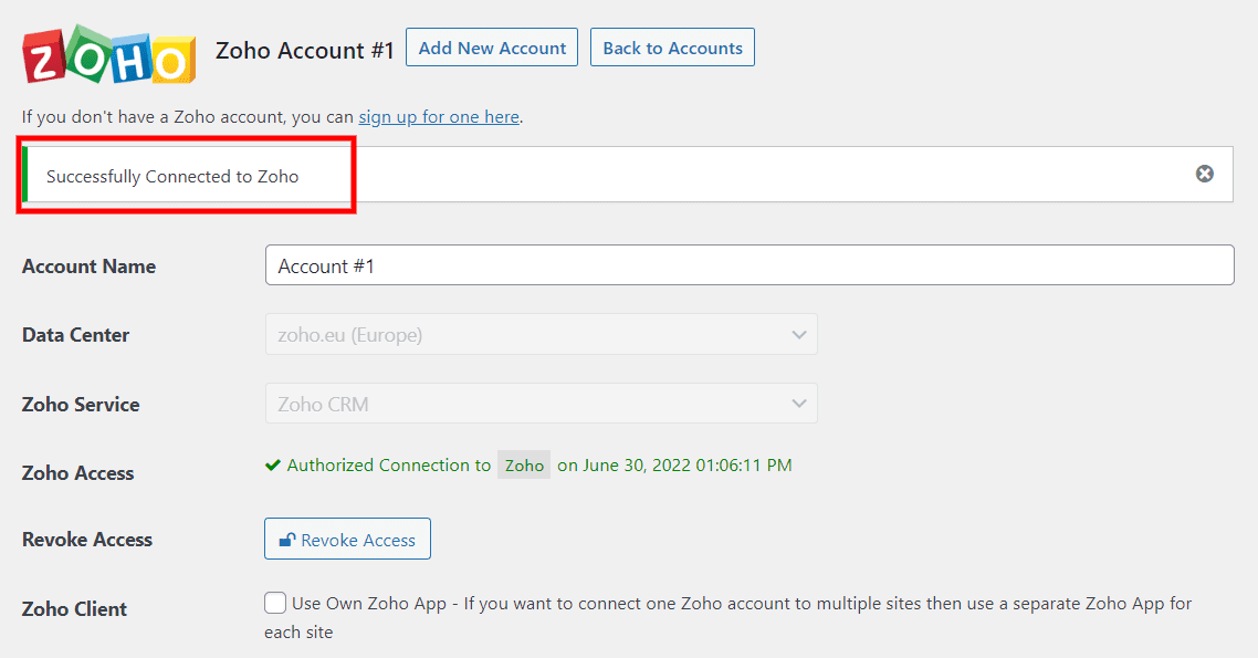 WordPress 中的 Zoho 成功消息