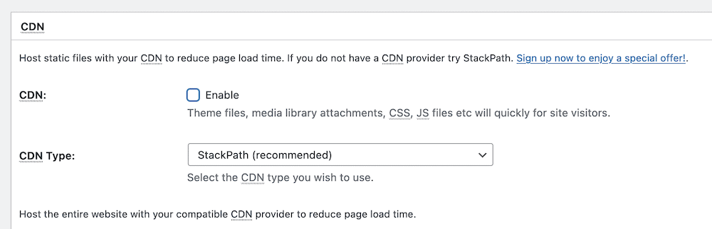 Der CDN-Abschnitt der allgemeinen Einstellungen von W3 Total Cache.