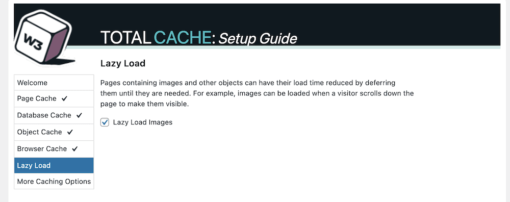 Der Lazy Load Abschnitt des W3 Total Cache Plugin Setup Guide.